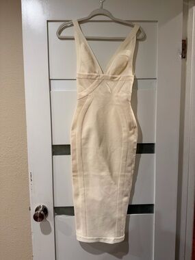 House of CB Cream V‑Neck Midi Sheath Dress